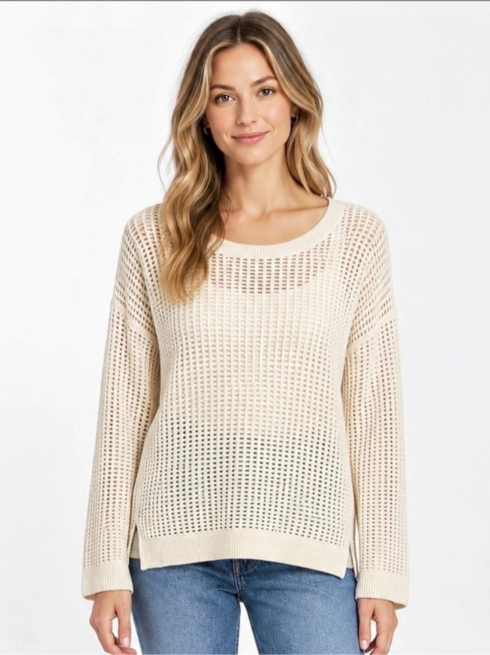 l XS Ivory Open Knit Cotton Sweater Scoop Neck Long Sleeve Pullover